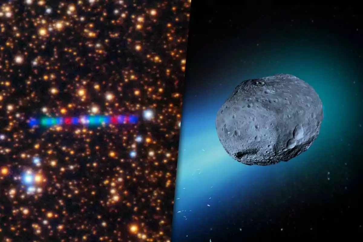 Image divided into two parts: on the left, a starry background with a band of colors is visible, and on the right, a gray asteroid floating in space.