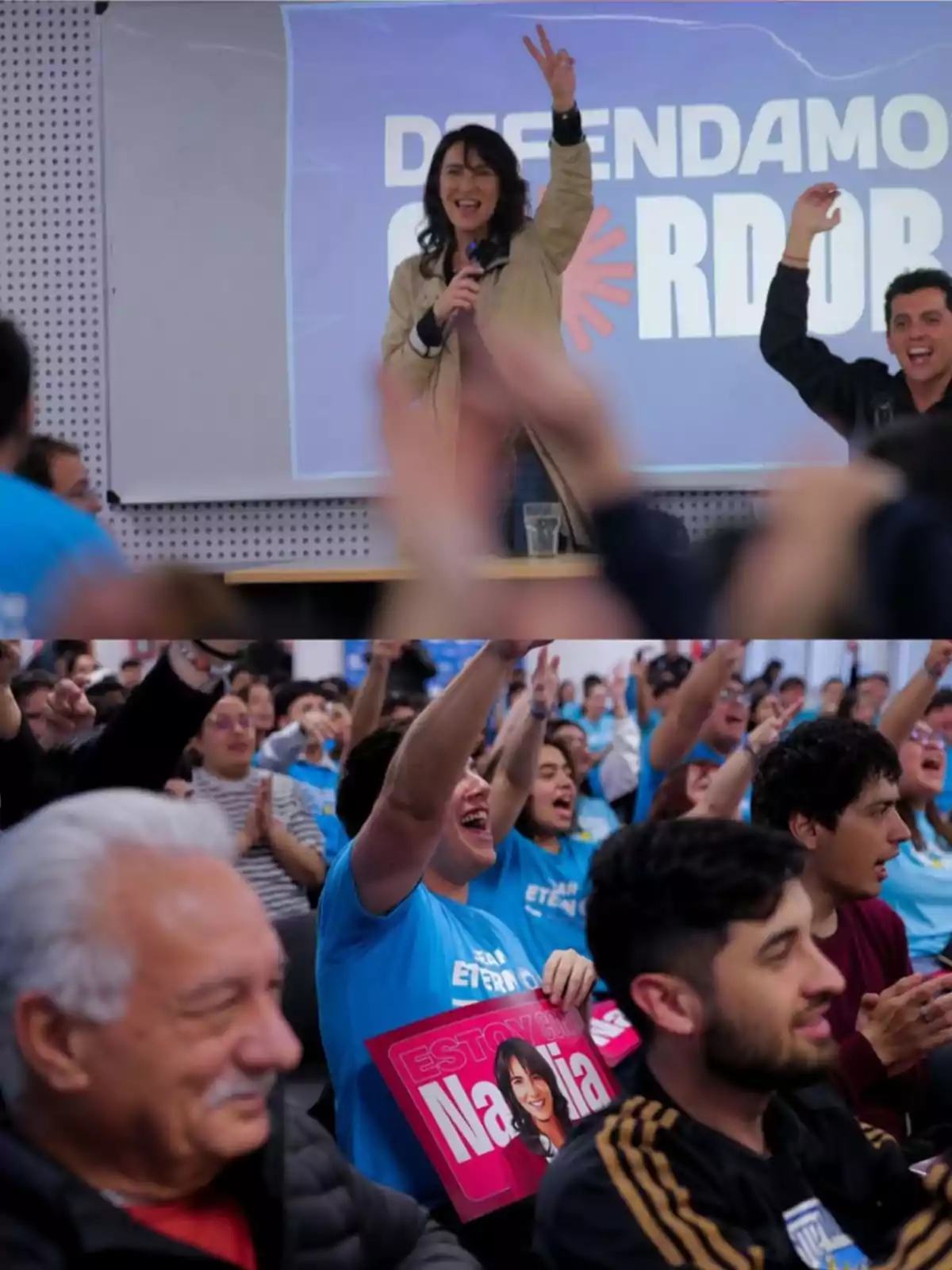 A woman speaks and greets enthusiastically on a stage in front of a supportive audience holding signs with her image and name, while everyone celebrates and applauds in a political campaign atmosphere. A woman speaks and greets enthusiastically on a stage in front of a supportive audience holding signs with her image and name, while everyone celebrates and applauds in a political campaign atmosphere.