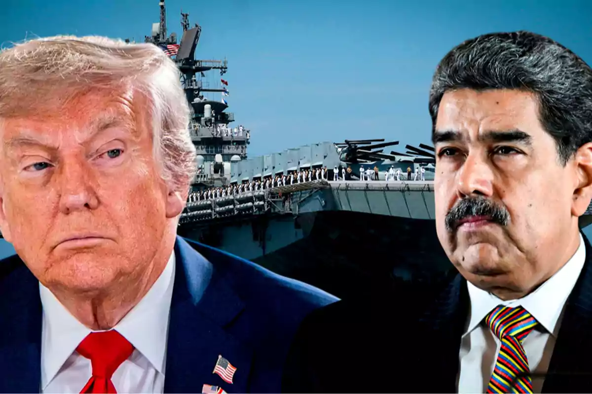 Dos hombres con expresión seria en primer plano y un portaaviones militar al fondo