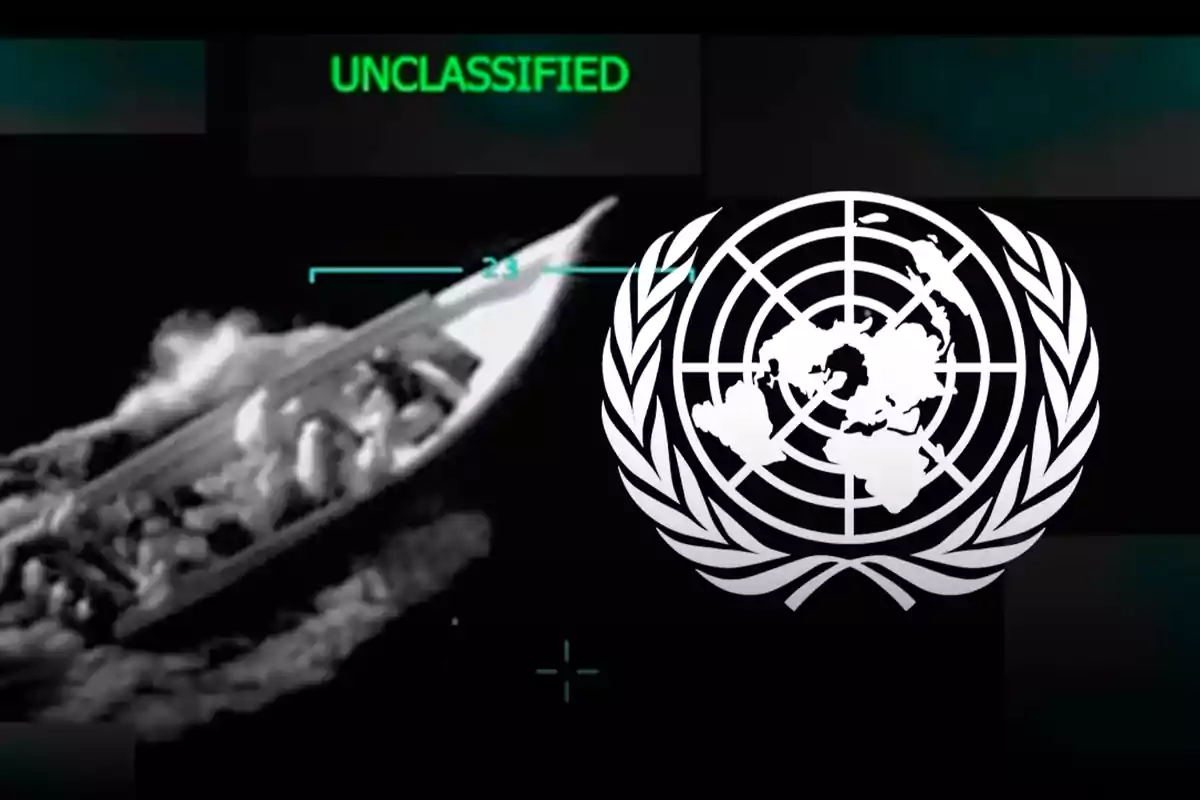 Embarcación vista desde arriba en imagen en blanco y negro con el logotipo de la ONU superpuesto y la palabra UNCLASSIFIED en verde en la parte superior