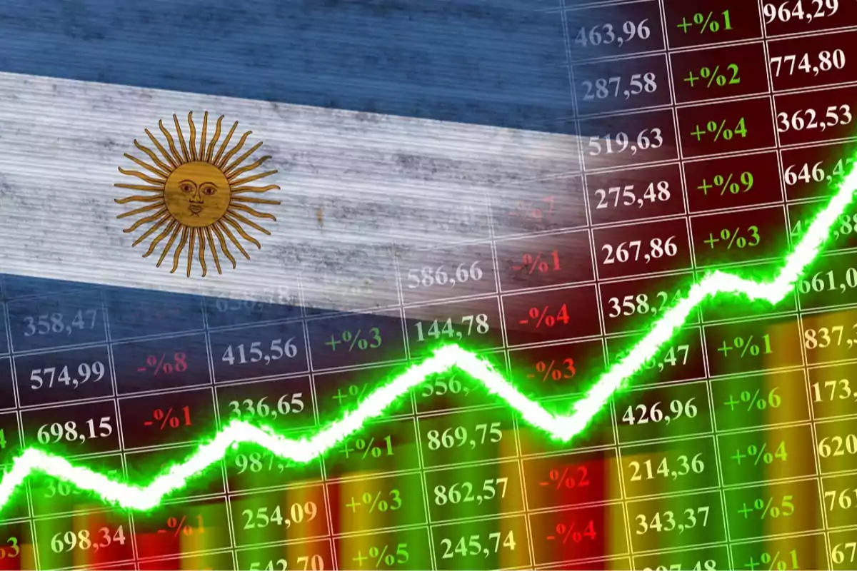 Argentinian flag in the background with a rising financial chart and stock numbers in green and red.