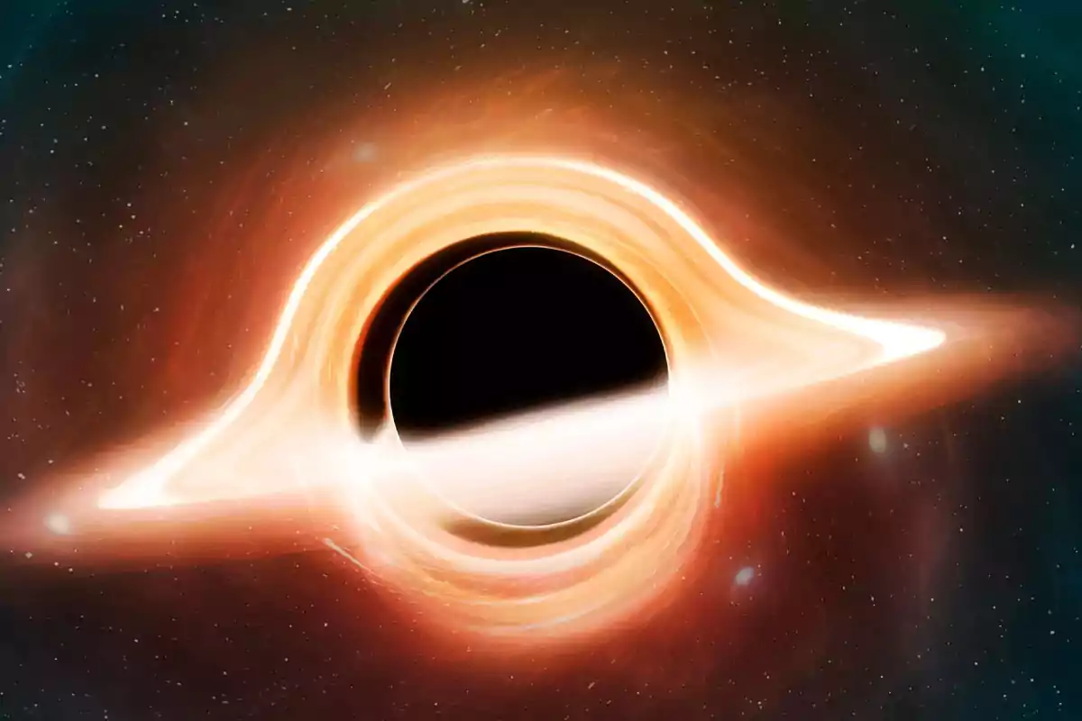 Illustration of a black hole in space with a bright disk of light around it Illustration of a black hole in space with a bright disk of light around it