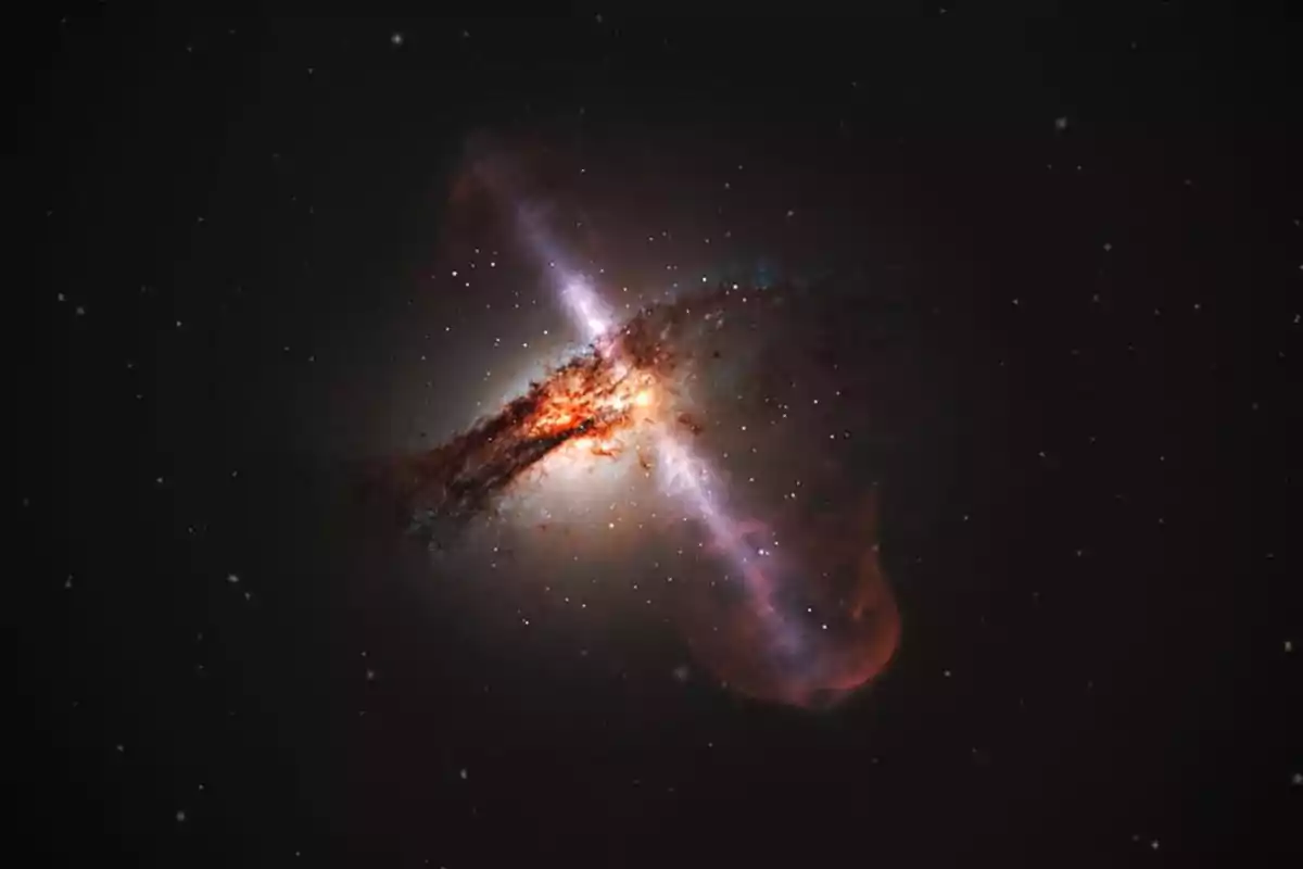 Illustration of a galaxy with a supermassive black hole at its center emitting jets of energy, surrounded by dust and stars in deep space Illustration of a galaxy with a supermassive black hole at its center emitting jets of energy, surrounded by dust and stars in deep space