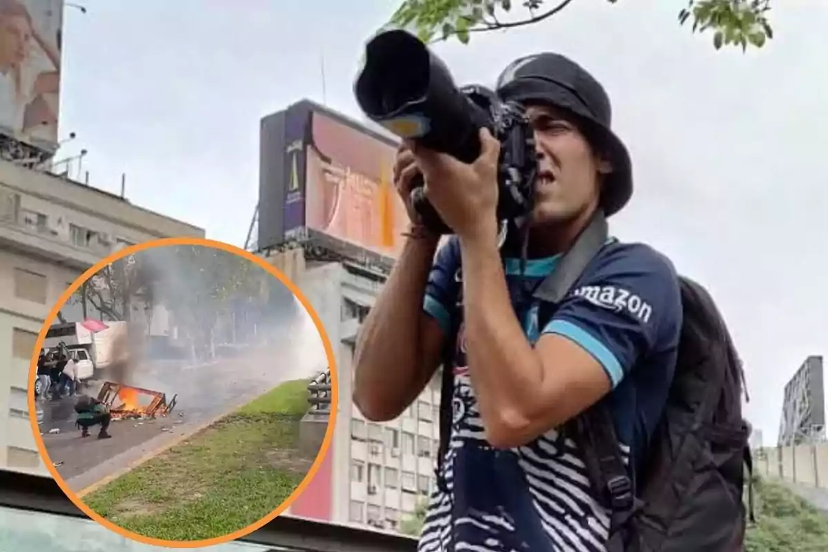 Photographer with a professional camera and backpack taking pictures in a city, with a frame showing a protest with fire and smoke in the street.