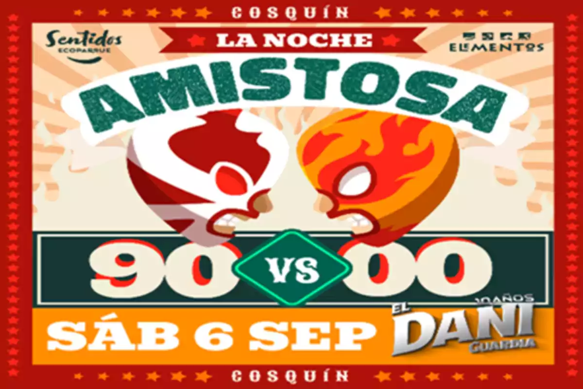 Cartel colorido de un evento llamado La Noche Amistosa con dos luchadores enmascarados enfrentándose y la fecha sábado 6 de septiembre en Cosquín