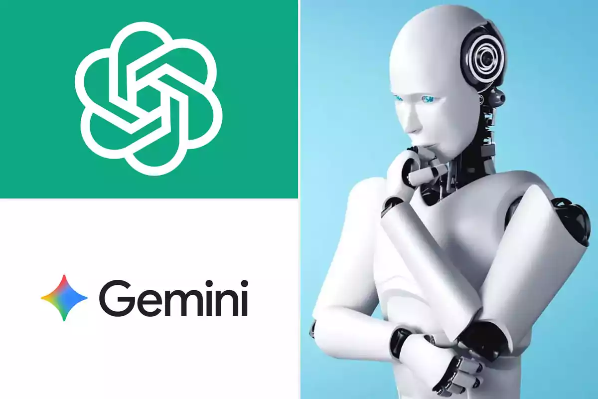 ChatGPT and Gemini logos next to a humanoid robot in a thoughtful pose against a blue background