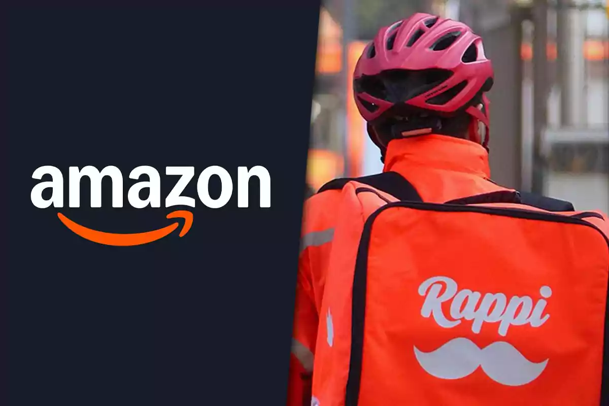 Amazon logo next to a Rappi delivery person with a pink backpack and helmet