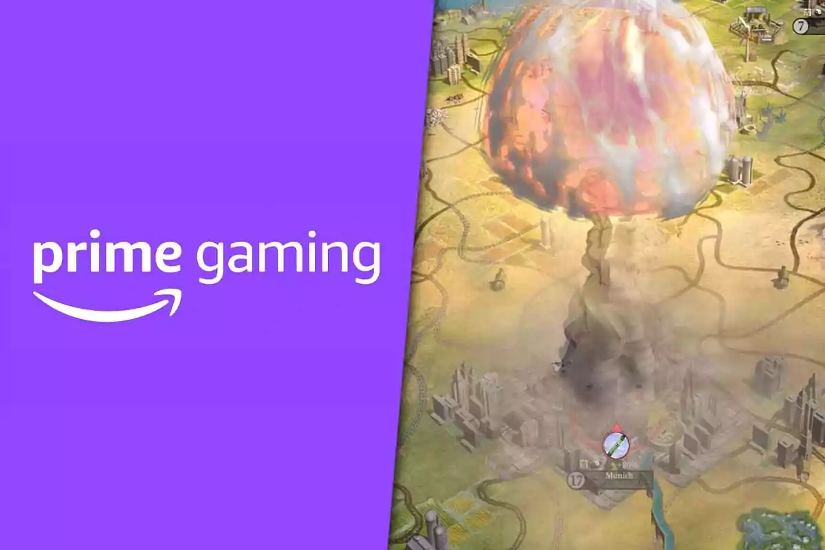 Logo de Prime Gaming junto a una imagen de videojuego con una explosión nuclear sobre una ciudad