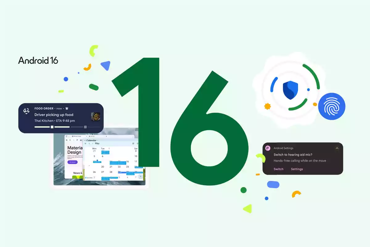 Imagen promocional de Android 16 con el número 16 en grande, notificaciones flotantes, un calendario y gráficos de seguridad y huella digital sobre un fondo claro Imagen promocional de Android 16 con el número 16 en grande, notificaciones flotantes, un calendario y gráficos de seguridad y huella digital sobre un fondo claro