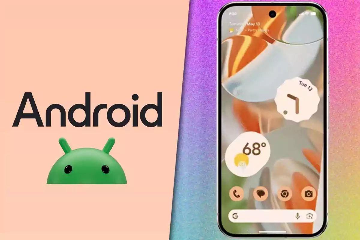 Logo de Android junto a un teléfono inteligente con la pantalla encendida mostrando la interfaz del sistema operativo Android