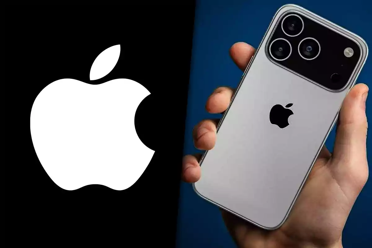 Apple logo on a black background next to a hand holding a silver iPhone with the Apple logo and three rear cameras