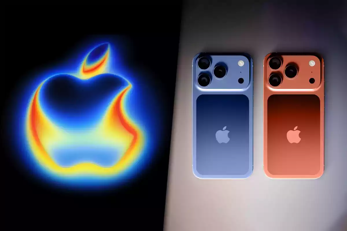 Apple logo with a heat effect next to two iPhones in blue and orange colors seen from the back