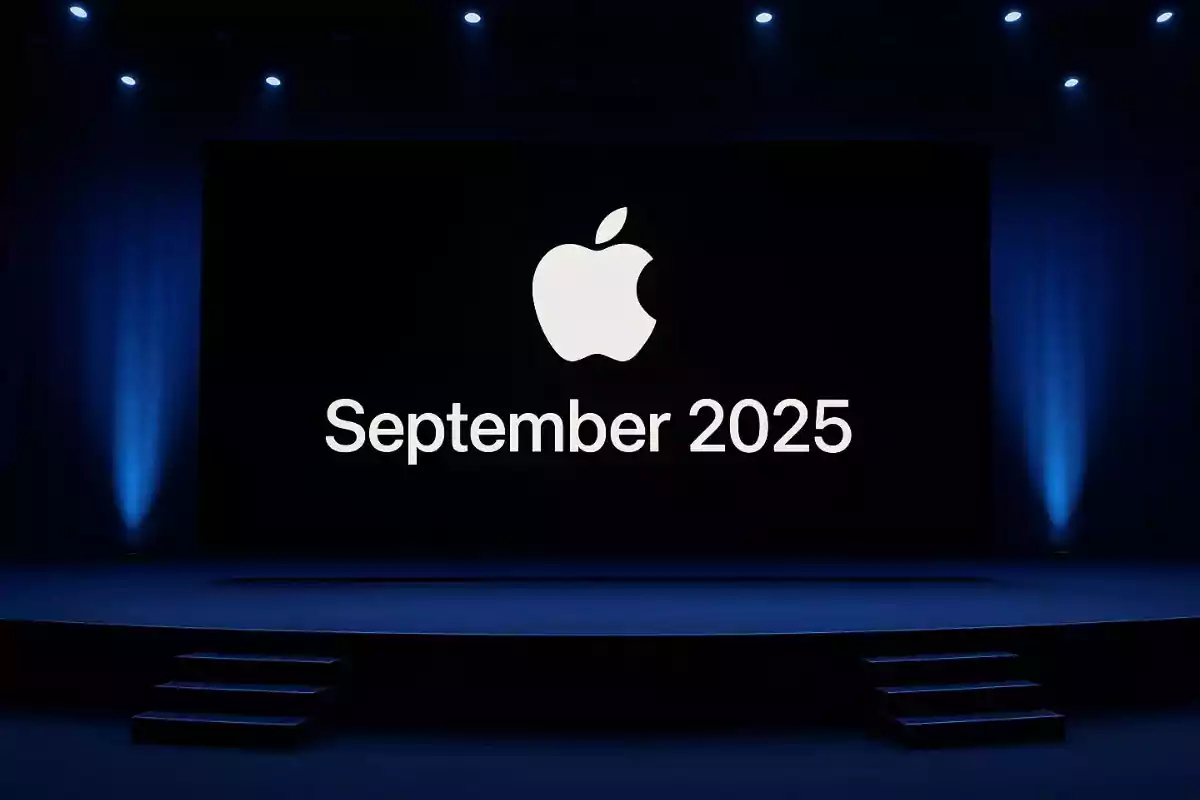 Escenario oscuro con el logo de Apple y la fecha September 2025 en una pantalla grande iluminada. Escenario oscuro con el logo de Apple y la fecha September 2025 en una pantalla grande iluminada.