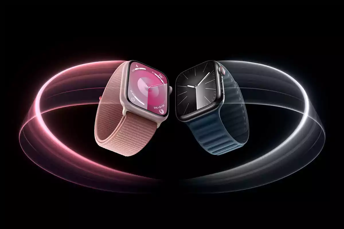 Two smartwatches with straps in different colors float against a black background with pink and white light effects. Two smartwatches with straps in different colors float against a black background with pink and white light effects.