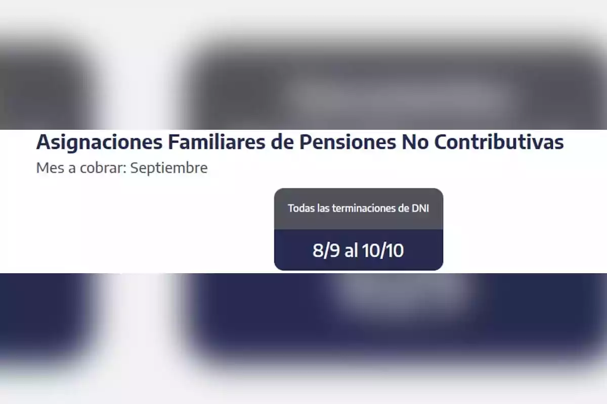 Payment schedule for non-contributory pension family allowances for September, with dates from September 8 to October 10 for all DNI endings Payment schedule for non-contributory pension family allowances for September, with dates from September 8 to October 10 for all DNI endings