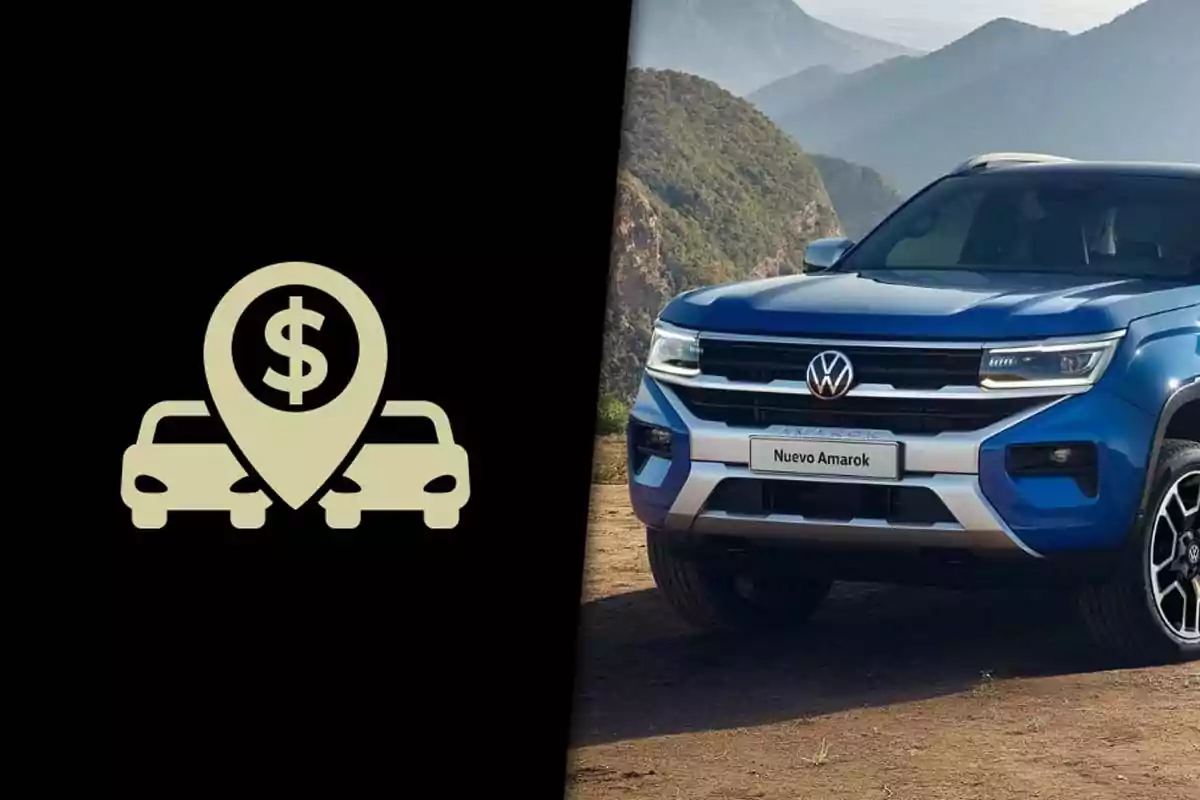 Left half with a car icon and money symbol on a black background, and right half with a blue Volkswagen Amarok pickup truck parked in a mountainous landscape