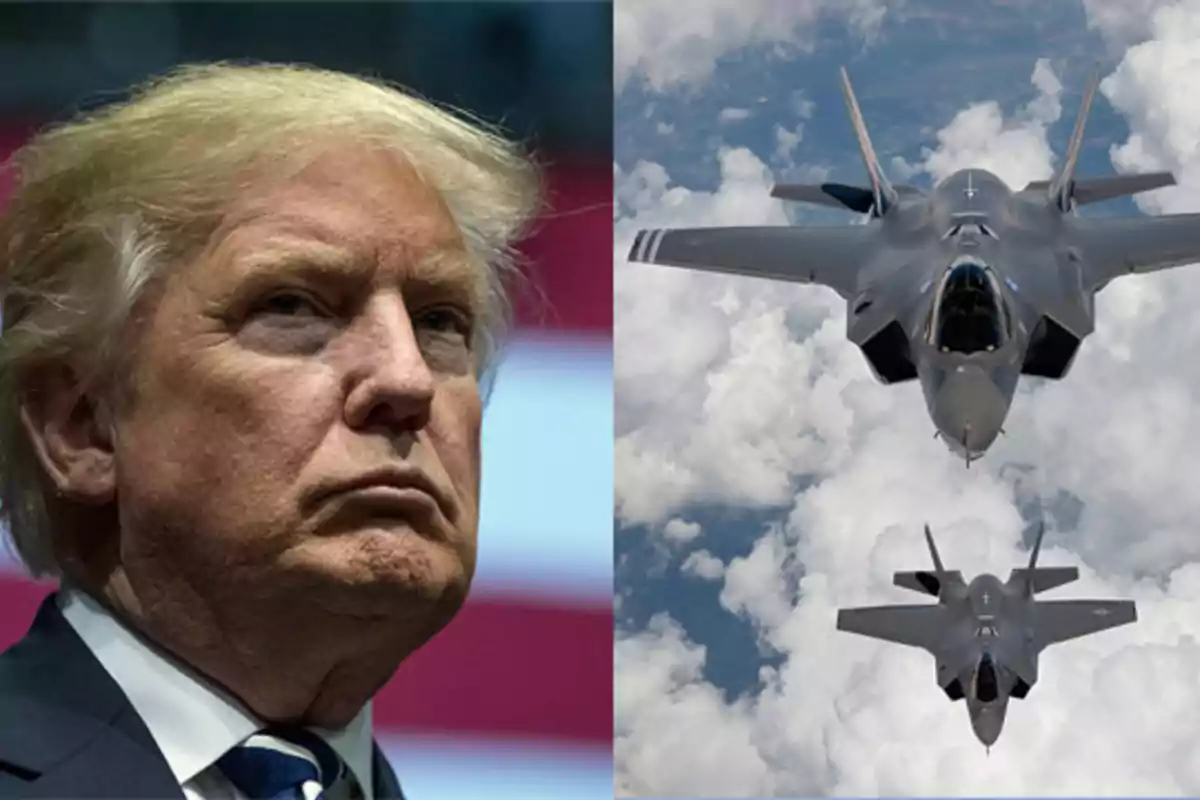 Un hombre de cabello rubio con expresión seria aparece junto a dos aviones de combate volando sobre nubes