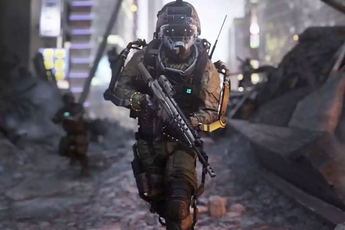 Futuristic soldier with advanced armor and rifle walking among rubble in a destroyed city Futuristic soldier with advanced armor and rifle walking among rubble in a destroyed city