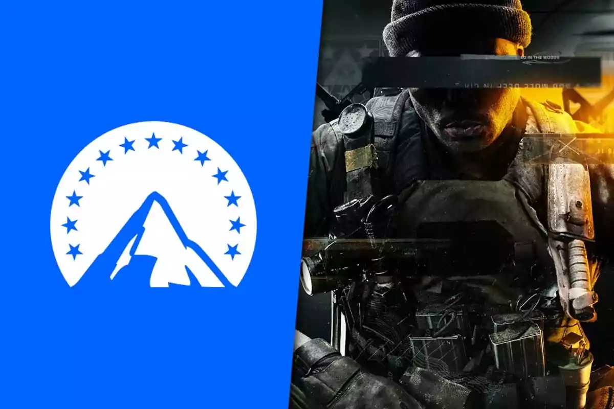 Paramount logo on a blue background to the left and a soldier with tactical gear to the right