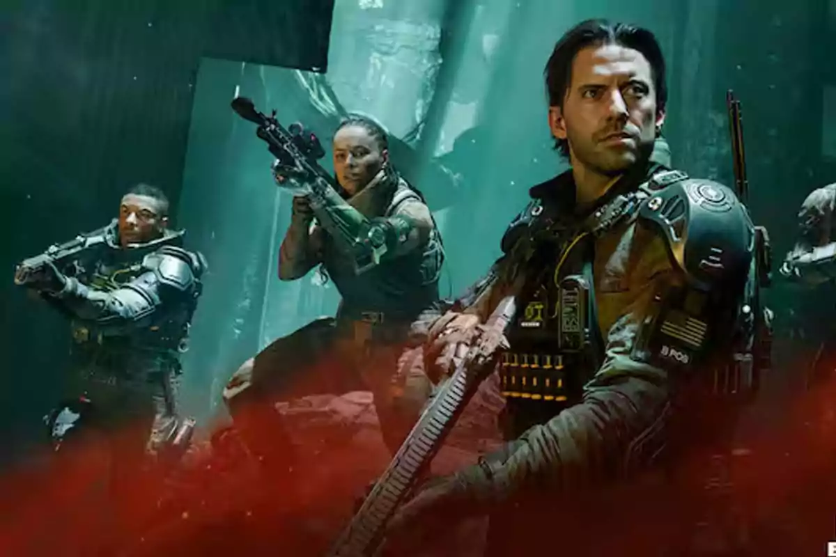 Three soldiers armed with futuristic gear advance in a dark and mysterious environment with green light and red smoke. Three soldiers armed with futuristic gear advance in a dark and mysterious environment with green light and red smoke.