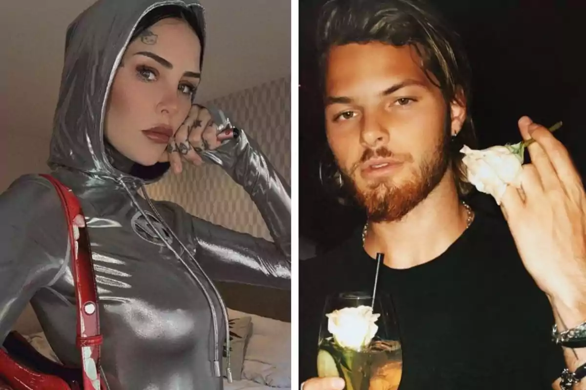 Dos personas posando, una mujer con sudadera plateada y bolso rojo a la izquierda y un hombre con barba sosteniendo una rosa blanca y una bebida a la derecha Dos personas posando, una mujer con sudadera plateada y bolso rojo a la izquierda y un hombre con barba sosteniendo una rosa blanca y una bebida a la derecha