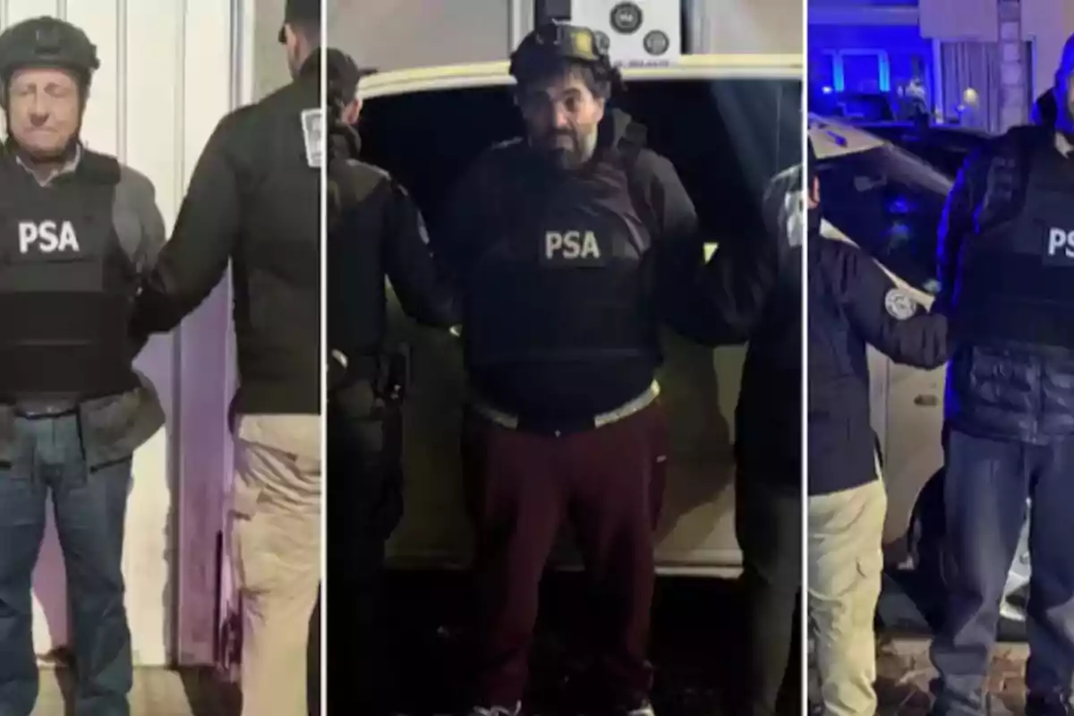 Tres hombres esposados y escoltados por agentes de seguridad con chalecos antibalas y cascos en un operativo nocturno Tres hombres esposados y escoltados por agentes de seguridad con chalecos antibalas y cascos en un operativo nocturno