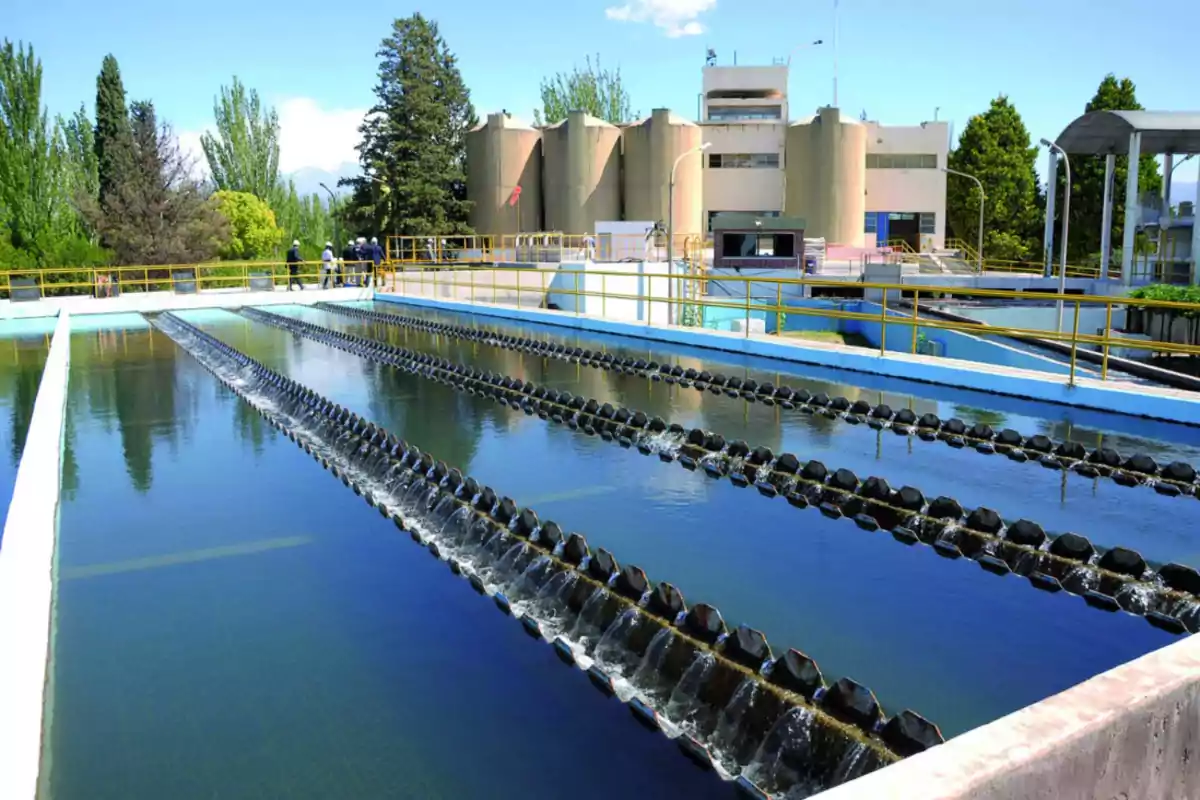 Water treatment plant surrounded by trees and buildings under a clear sky Water treatment plant surrounded by trees and buildings under a clear sky