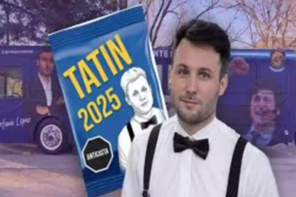 Young man with suspenders and a bow tie in front of a blue sign that says Tatin 2025 and a bus in the background