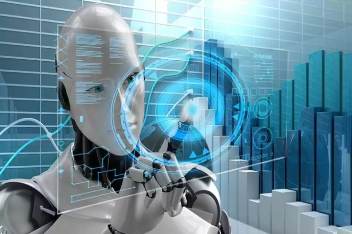 Robot humanoide interactuando con una pantalla digital futurista con gráficos y datos en un entorno tecnológico Robot humanoide interactuando con una pantalla digital futurista con gráficos y datos en un entorno tecnológico