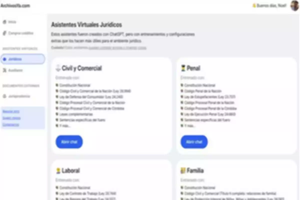 Screen of a web platform with legal virtual assistants organized into categories such as civil and commercial, criminal, labor, and family, displaying lists of relevant laws and codes for each area and buttons to open chat Screen of a web platform with legal virtual assistants organized into categories such as civil and commercial, criminal, labor, and family, displaying lists of relevant laws and codes for each area and buttons to open chat