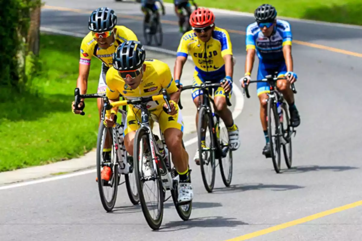 Cuatro ciclistas compiten en una carretera curva rodeada de vegetación mientras usan cascos y uniformes de colores llamativos