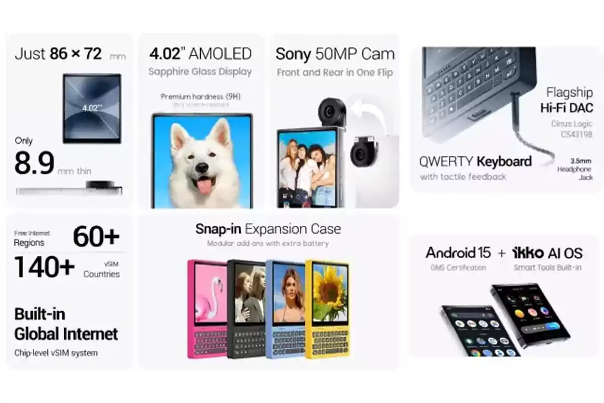 Imagen que muestra las características de un teléfono compacto con pantalla AMOLED de 4.02 pulgadas, cámara Sony de 50 MP giratoria, teclado físico QWERTY, expansión modular, internet global integrado, sistema operativo Android 15 con inteligencia artificial y diseño delgado de 8.9 mm Imagen que muestra las características de un teléfono compacto con pantalla AMOLED de 4.02 pulgadas, cámara Sony de 50 MP giratoria, teclado físico QWERTY, expansión modular, internet global integrado, sistema operativo Android 15 con inteligencia artificial y diseño delgado de 8.9 mm