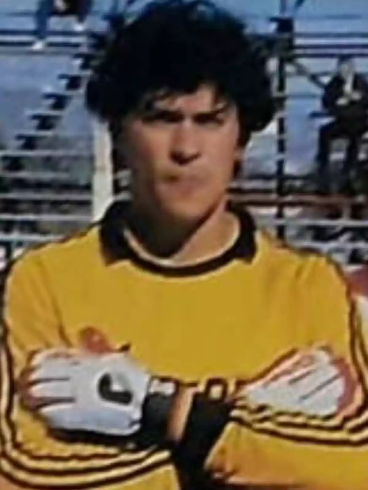 Portero de fútbol con uniforme amarillo y guantes blancos posando con los brazos cruzados en un estadio Portero de fútbol con uniforme amarillo y guantes blancos posando con los brazos cruzados en un estadio