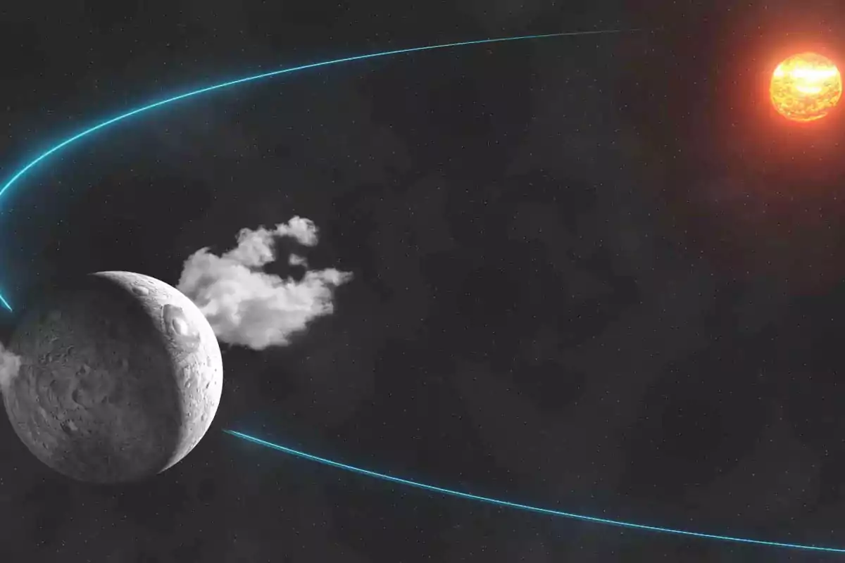 Gray planet with craters and a white cloud in space with a curved blue line and a bright orange star in the background Gray planet with craters and a white cloud in space with a curved blue line and a bright orange star in the background