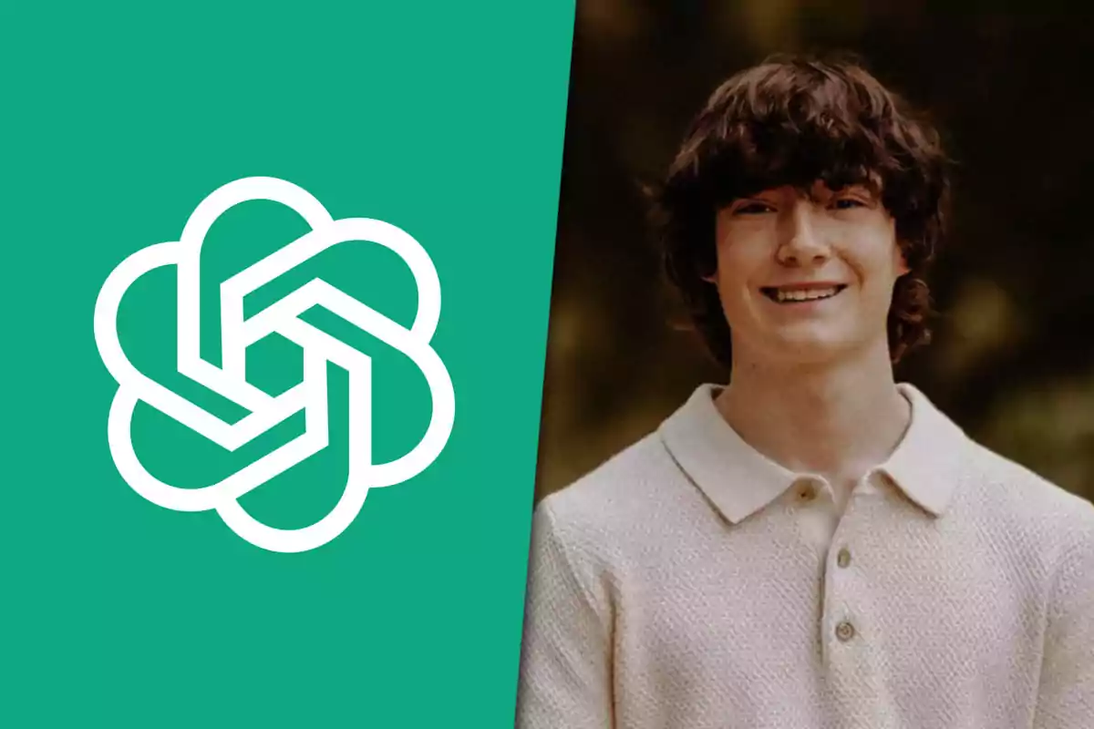 Smiling young man with brown hair and a light-colored jersey next to the OpenAI logo on a green background