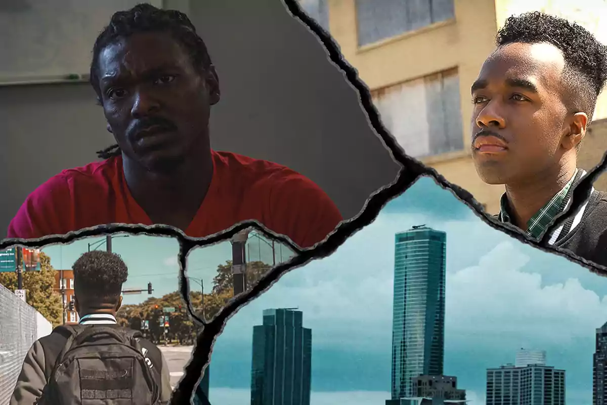 Image collage featuring two young men, one with a serious expression indoors and the other looking at the horizon outdoors, along with a view of skyscrapers and the back of a person walking through the city. Image collage featuring two young men, one with a serious expression indoors and the other looking at the horizon outdoors, along with a view of skyscrapers and the back of a person walking through the city.