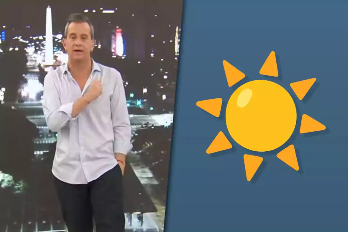 Man standing in a light-colored jersey in front of a nighttime city background next to a drawing of a yellow sun on a blue background