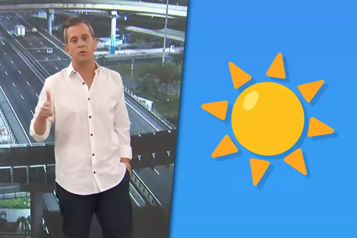 Hombre con camisa blanca dando el clima junto a un dibujo de sol sobre fondo azul