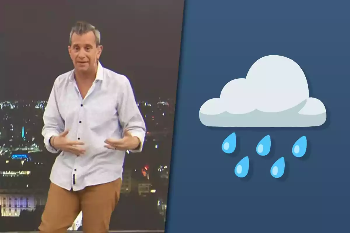 Man standing with a light-colored jersey and brown pants in front of a nighttime city background next to a cloud graphic with raindrops on a blue background