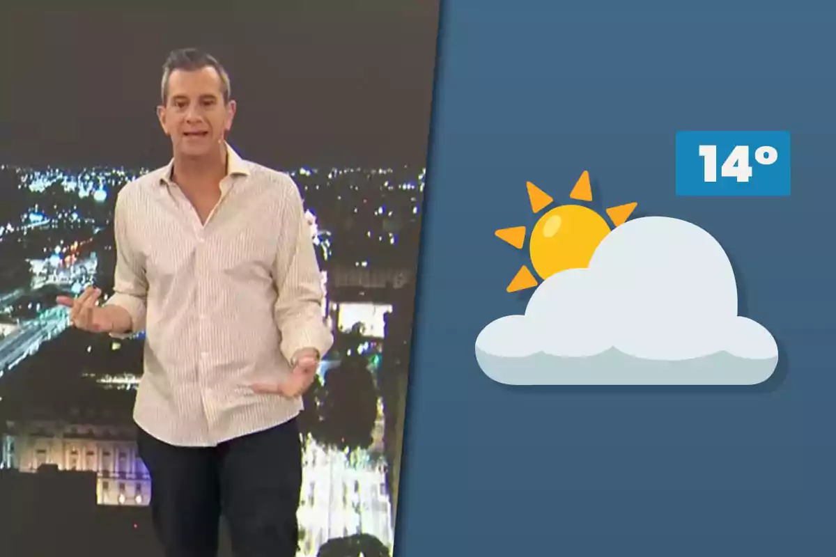 Man presenting the weather with a nighttime background and a temperature graphic showing 14 degrees with sun and clouds