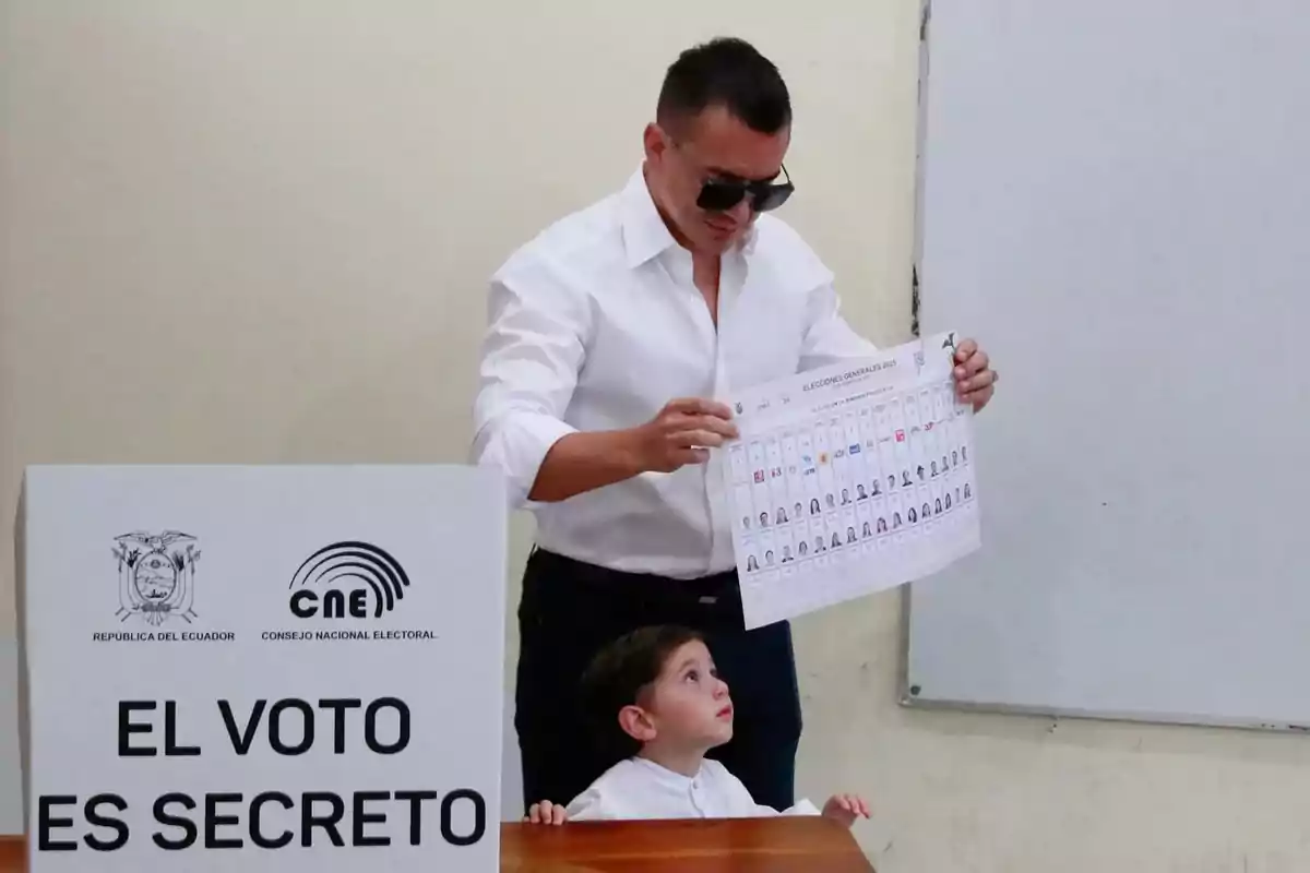 A man wearing sunglasses holds a ballot while a small child watches him at a polling station in Ecuador. A man wearing sunglasses holds a ballot while a small child watches him at a polling station in Ecuador.