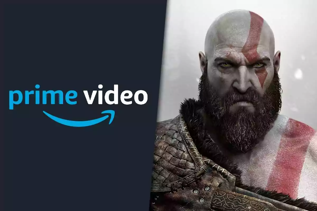 Logo de Prime Video junto a un personaje de videojuego con barba y una franja roja en el rostro.