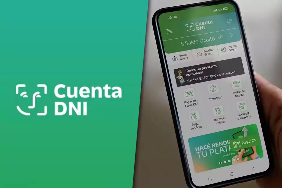 Person holding a mobile phone displaying the Cuenta DNI app on the screen next to the app’s logo on a green background