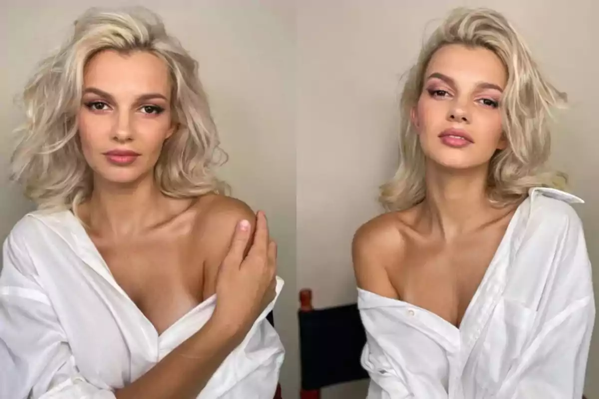 Blonde woman with loose, wavy hair, wearing an off-shoulder white jersey, posing in front of a neutral background from two different angles. Blonde woman with loose, wavy hair, wearing an off-shoulder white jersey, posing in front of a neutral background from two different angles.