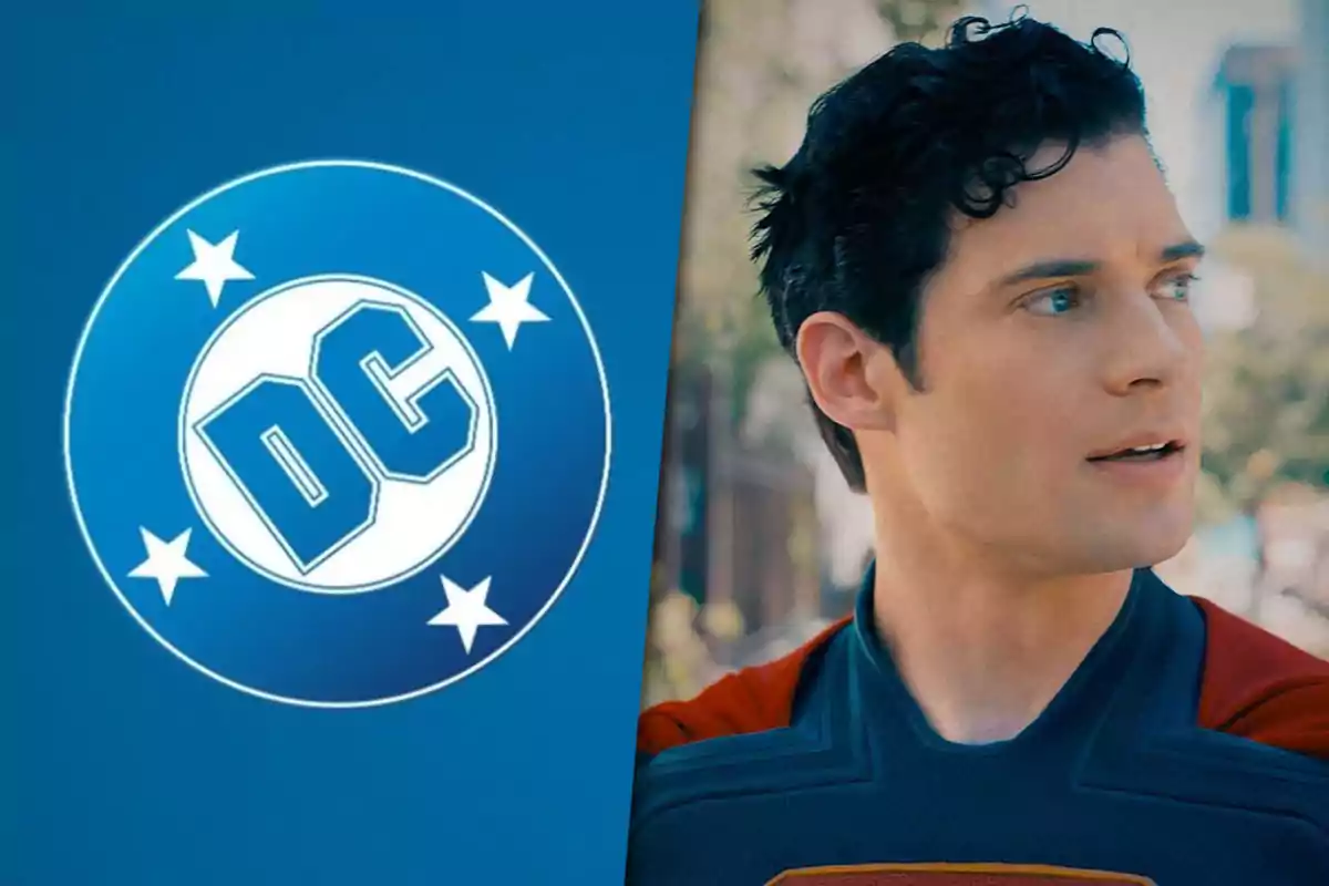 DC Comics logo next to a man dressed as a superhero with a red cape and blue suit