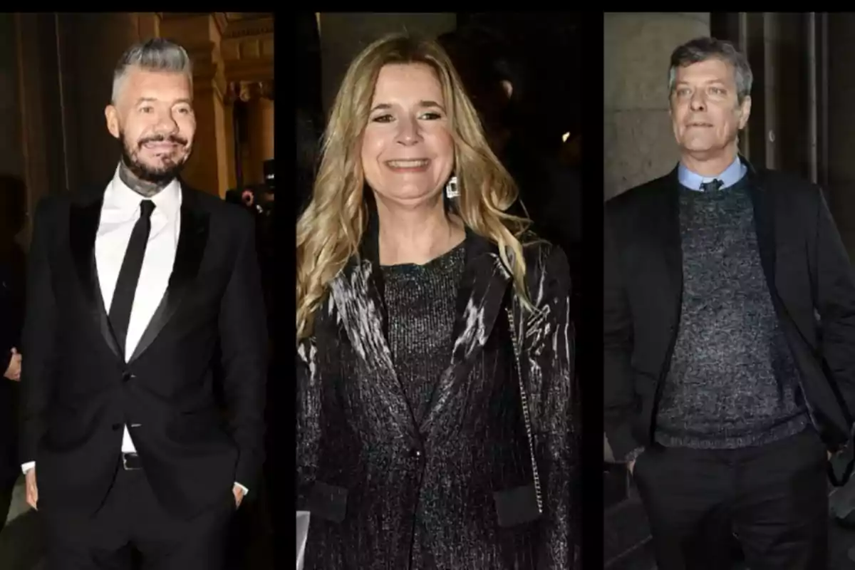 Three elegantly dressed people pose in different individual photos: two men in suits and a woman in a jacket and shiny blouse, all smiling at a nighttime event. Three elegantly dressed people pose in different individual photos: two men in suits and a woman in a jacket and shiny blouse, all smiling at a nighttime event.