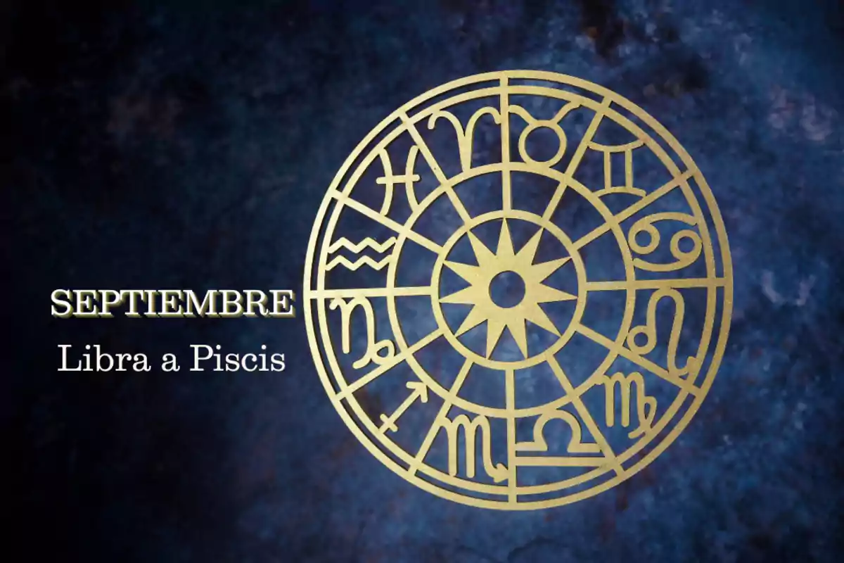 Imagen con fondo azul oscuro que muestra un círculo dorado con los signos del zodiaco y el texto septiembre Libra a Piscis