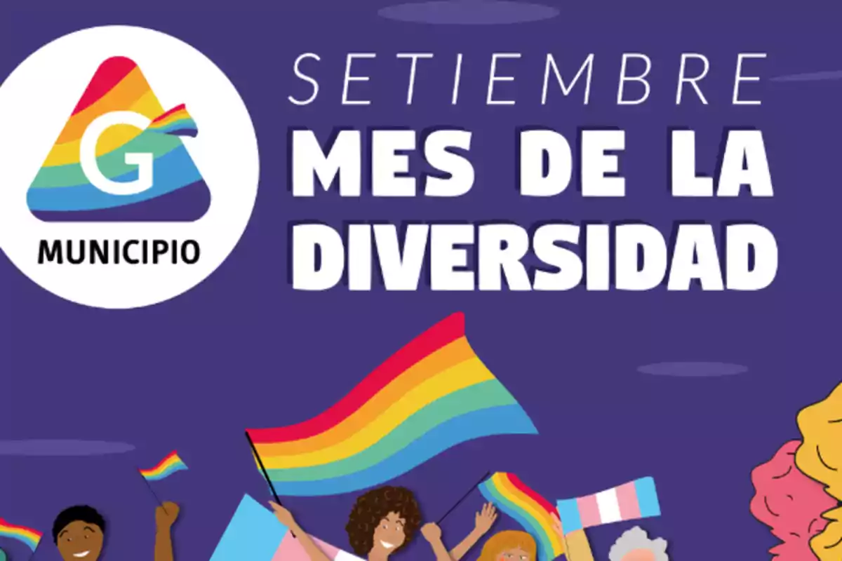 Personas celebrando con banderas de la diversidad y el orgullo LGBT bajo el texto Setiembre mes de la diversidad en un fondo morado Personas celebrando con banderas de la diversidad y el orgullo LGBT bajo el texto Setiembre mes de la diversidad en un fondo morado
