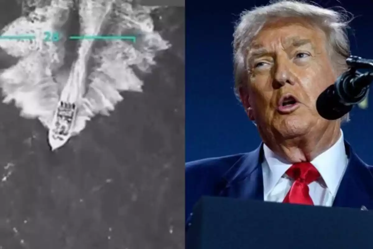 Image split into two parts: on the left, a speedboat sailing on the sea seen from above, and on the right, a blond-haired man in a suit speaking in front of a microphone.