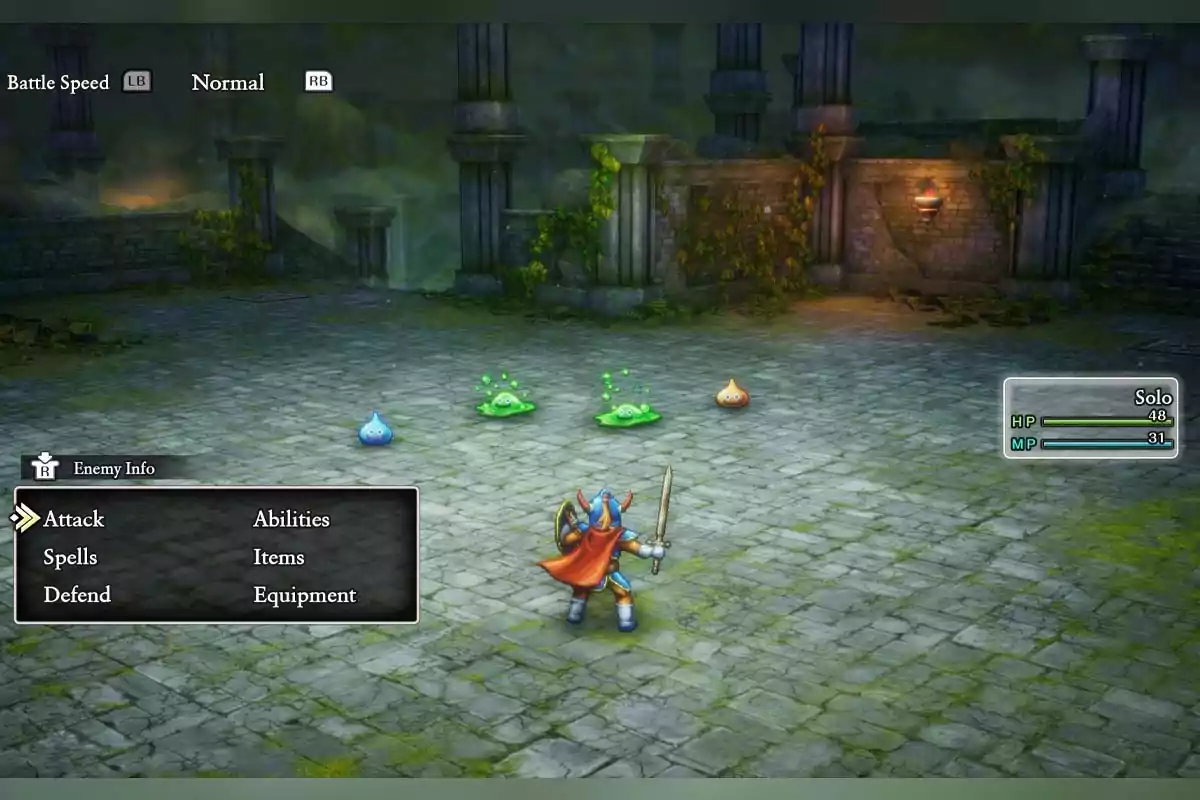 Un caballero con armadura y capa roja sostiene una espada y un escudo mientras enfrenta a cuatro criaturas gelatinosas de diferentes colores en un escenario de batalla de videojuego con ruinas de fondo y un menú de opciones en la esquina inferior izquierda Un caballero con armadura y capa roja sostiene una espada y un escudo mientras enfrenta a cuatro criaturas gelatinosas de diferentes colores en un escenario de batalla de videojuego con ruinas de fondo y un menú de opciones en la esquina inferior izquierda